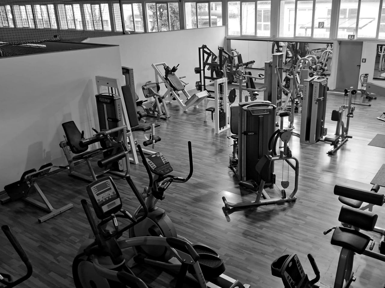 Crosstrainer und Fahrradergometer im Cardio-Bereich, dahinter Kraftmaschinen und eine große Fensterfront