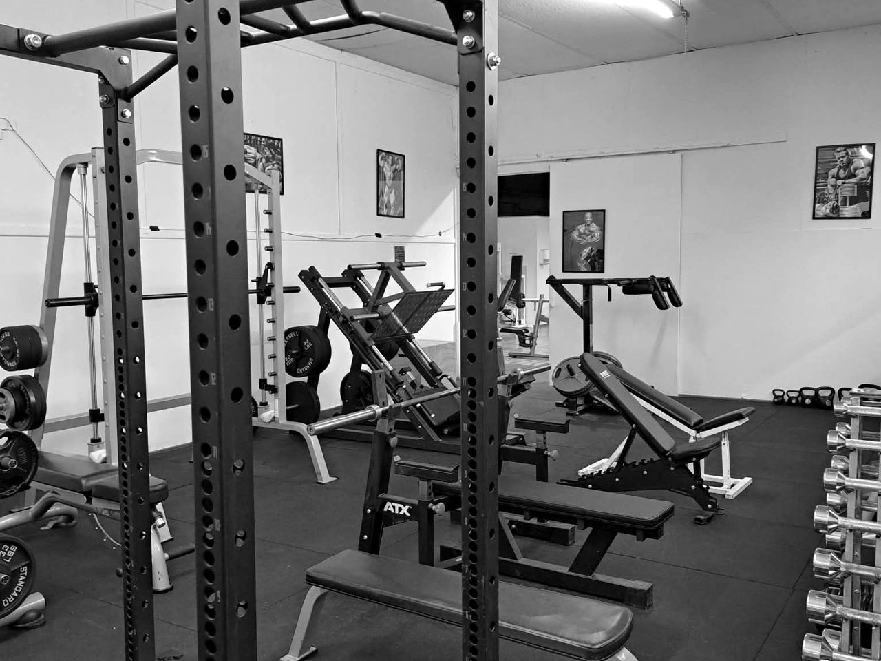 Kraftbereich von Tom’s Powerhouse mit Power-Rack, Hantelbänken und Beinpresse